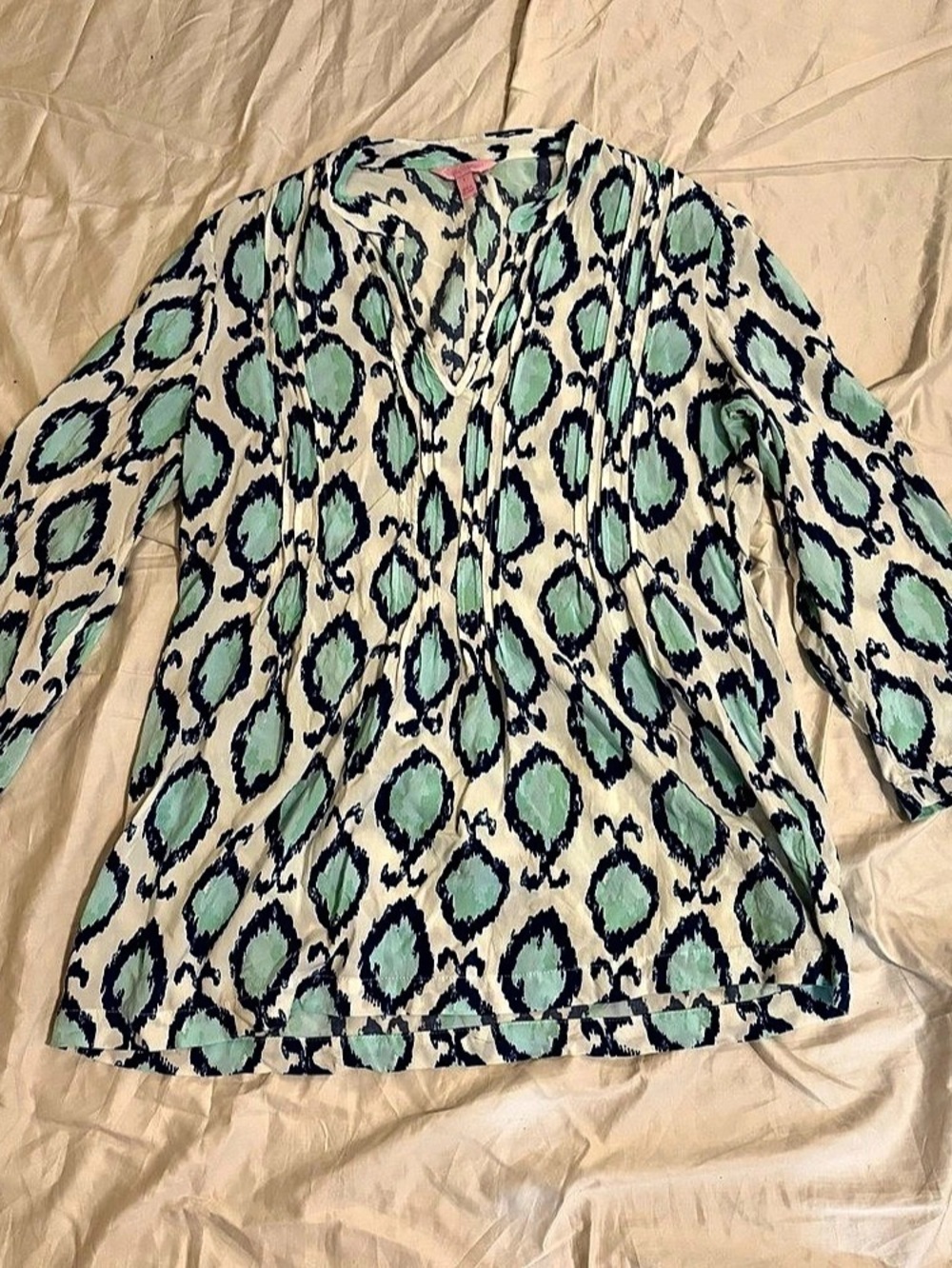 Lilly Pulitzer Women’s Ikat V-Neck Tunic Blouse L Blue/Green 3/4 Sleeve